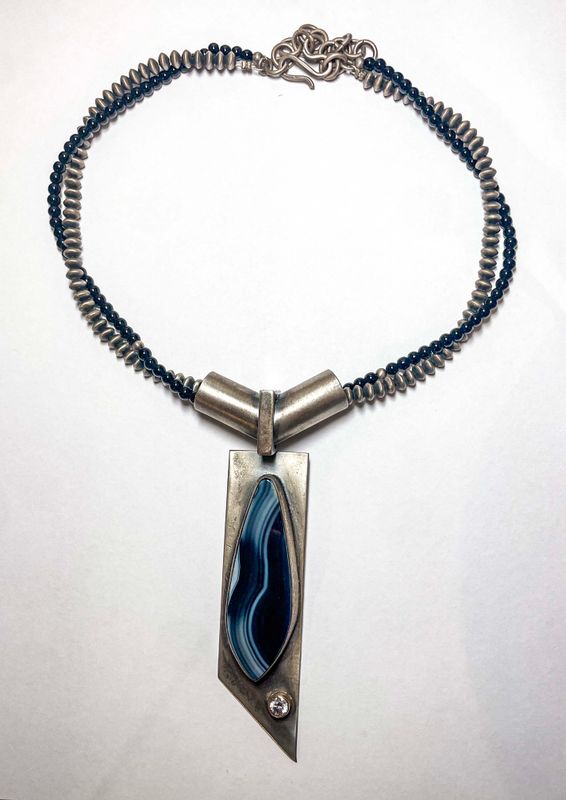 SS/14KT PENDANT W/BRAIZILAN RIBBION AGATE &amp; 6MM WHT CZ -NECKLACE W/BLK ONYX &amp; NAVAJO PEARLS