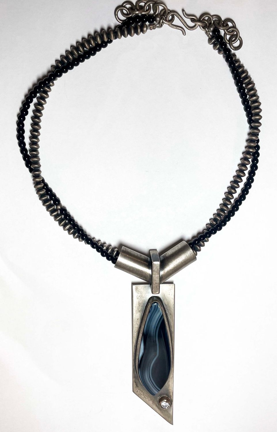 SS/14KT PENDANT W/BRAIZILAN RIBBION AGATE &amp; 6MM WHT CZ -NECKLACE W/BLK ONYX &amp; NAVAJO PEARLS