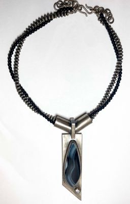 SS/14KT PENDANT W/BRAIZILAN RIBBION AGATE &amp; 6MM WHT CZ -NECKLACE W/BLK ONYX &amp; NAVAJO PEARLS