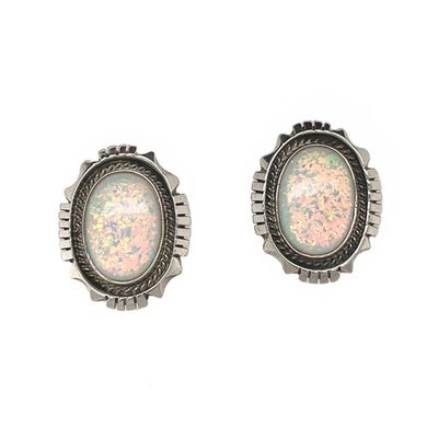 SILVER OVAL WHITE OPAL EARRINGS NAVAJO - AMOS BEGAY SILVER OVAL WHITE OPAL EARRINGS NAVAJO - AMOS BEGAY