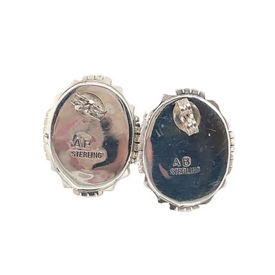 SILVER OVAL WHITE OPAL EARRINGS NAVAJO - AMOS BEGAY