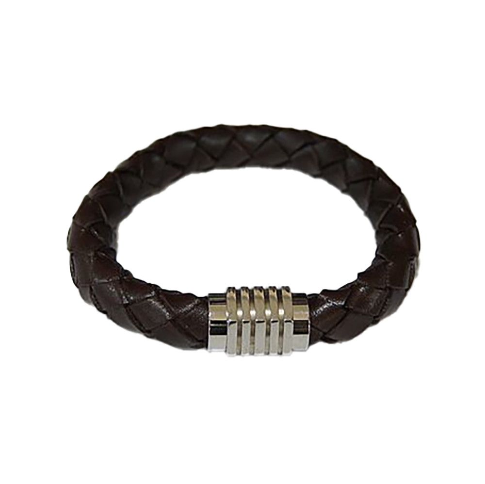 SILVER STAINLESS ROUND BRAIDED LEATHER BRACELET