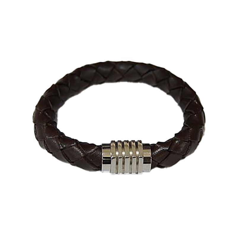 SILVER STAINLESS ROUND BRAIDED LEATHER BRACELET