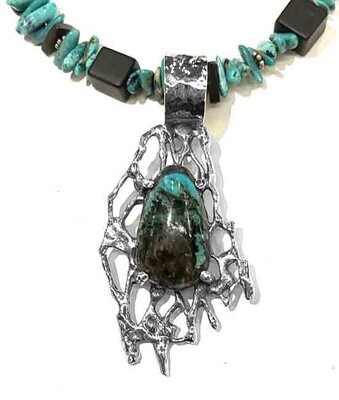 SILVER TURQUOISE & ONYX CACTUS NECKLACE SILVER TURQUOISE & ONYX CACTUS NECKLACE