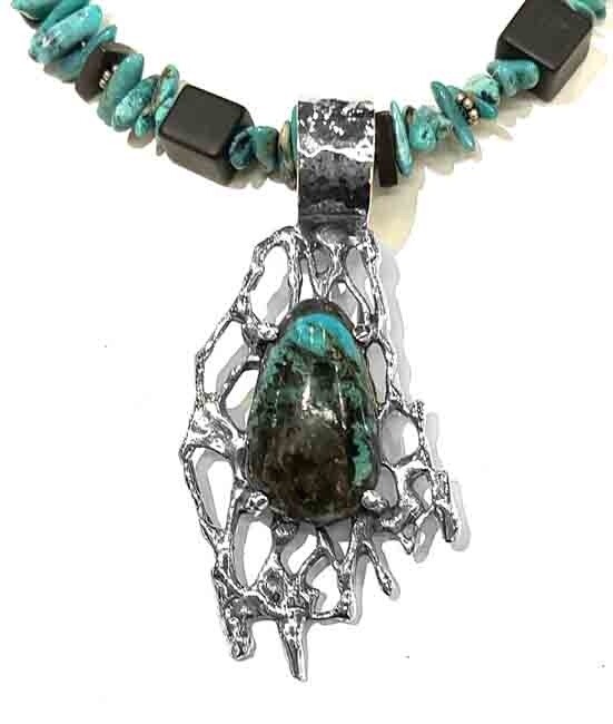 SILVER TURQUOISE &amp; ONYX CACTUS NECKLACE