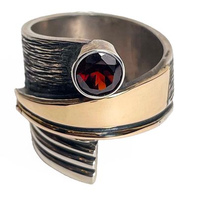 SILVER/14K OXIDIZED GARNET WRAP RING