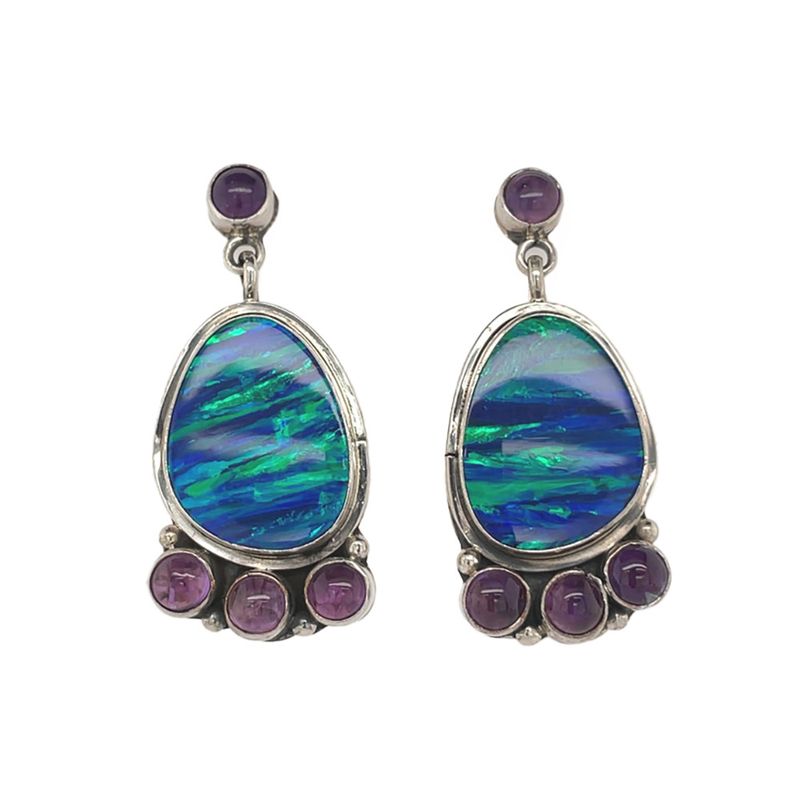 SILVER OPAL &amp; AMETHYST EARRINGS NAVAJO-RB