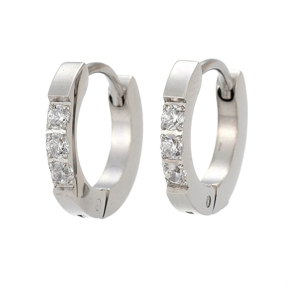 SILVER STAINLESS CZ 13MM HOOP HUGGIE EARRING