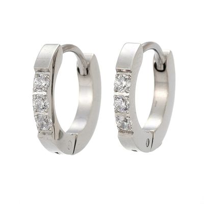 SILVER STAINLESS CZ 13MM HOOP HUGGIE EARRING