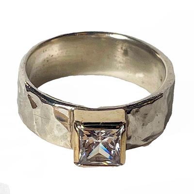 SILVER/14KT HAMMERED CZ RING