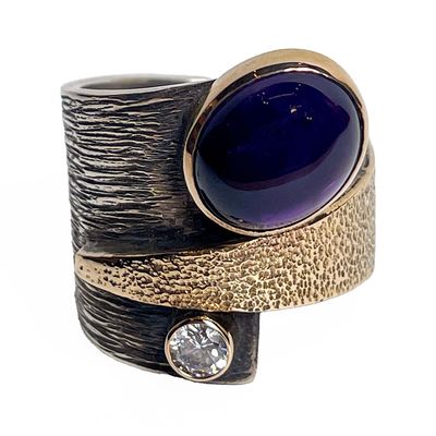 SILVER/14K OXIDIZED AMETHYST &amp; CZ WRAP RING