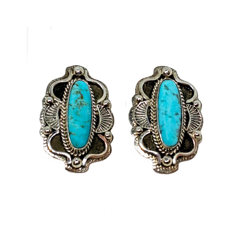 SILVER OVAL TURQUOISE EARRINGS NAVAJO - RB