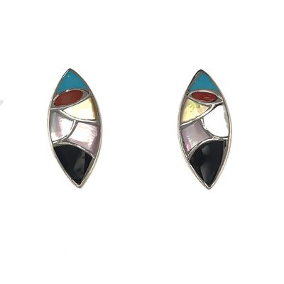 SILVER MULTI-STONES INLAY EARRINGS ZUNI-ORENA LEEKYA