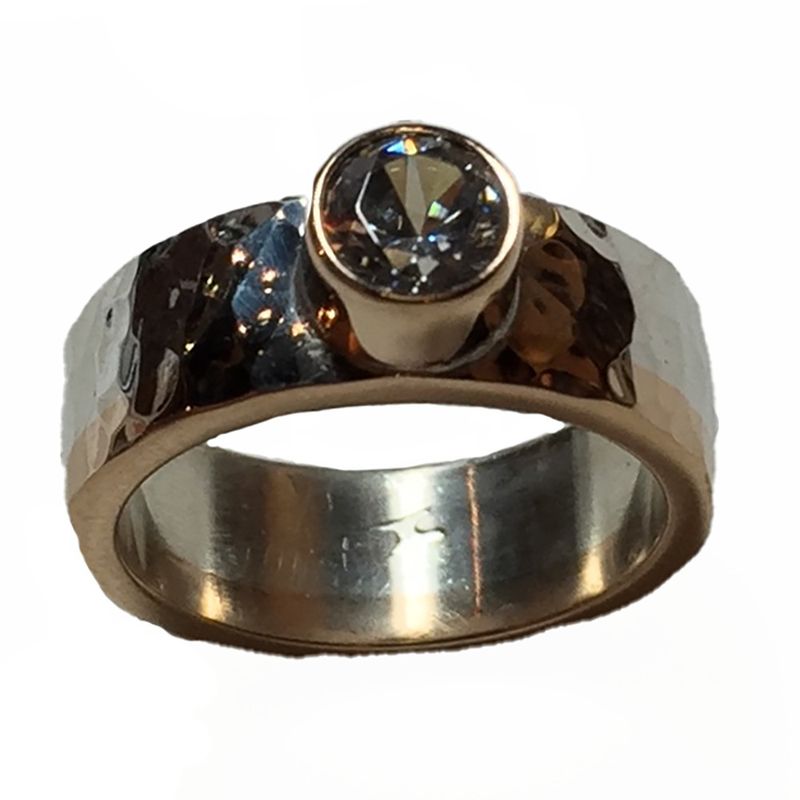 SILVER/14K HAMMERED CZ RING