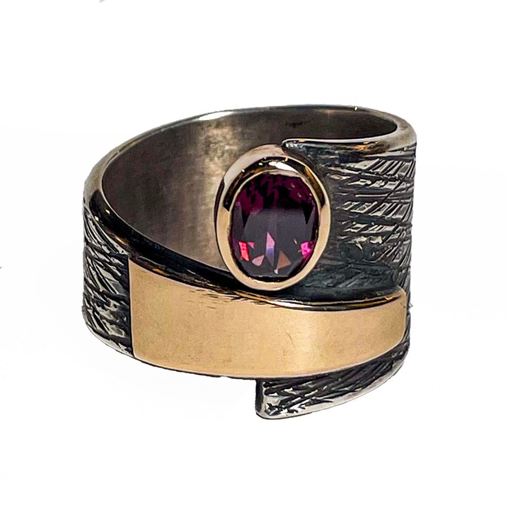 SILVER/14K OXIDIZED GARNET WRAP RING