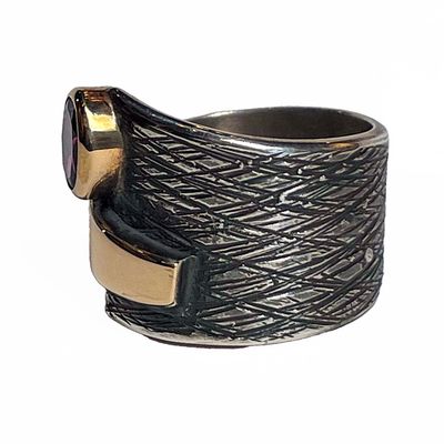 SILVER/14K OXIDIZED GARNET WRAP RING