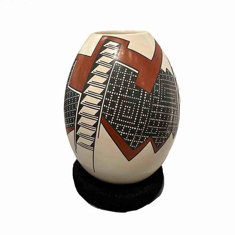 MATA ORTIZ BROWN &amp; RED GEO CONE VASE - 7 x  4