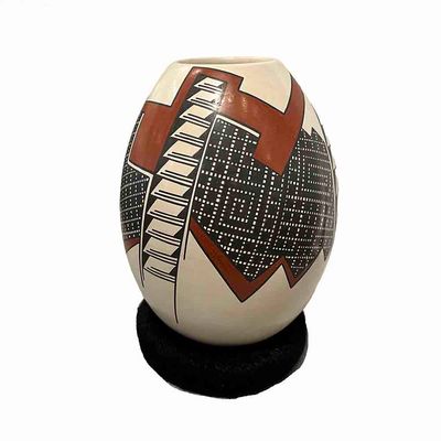 MATA ORTIZ BROWN &amp; RED GEO CONE VASE - 7 x  4