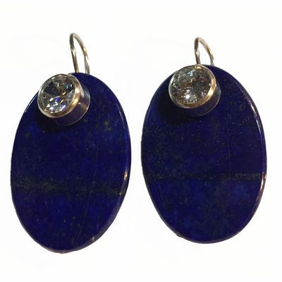 SILVER OVAL LAPIS &amp; CZ EARRINGS