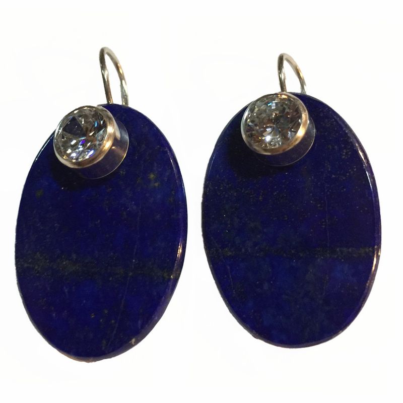 SILVER OVAL LAPIS &amp; CZ EARRINGS