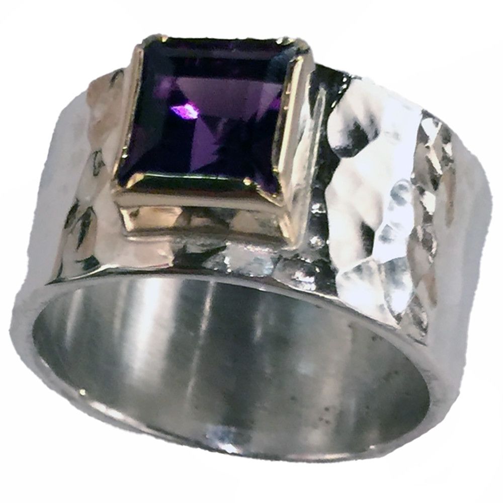 SILVER/14KT HAMMERED AMETHYST RING