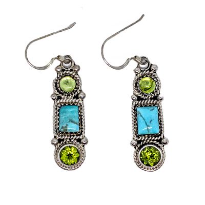 SILVER TURQUOISE &amp; PERIDOT EARRINGS NAVAJO -  MONTY ROBERTSON