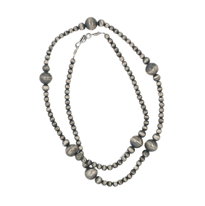 SILVER BRUSHED NAVAJO BEADED NECKLACE 28”