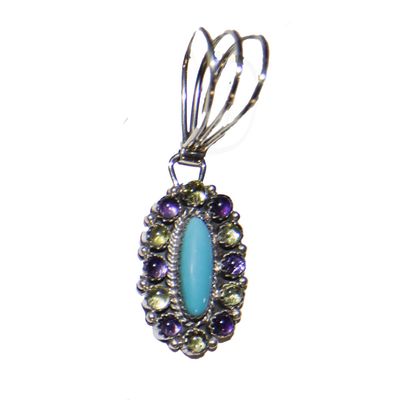SILVER OVAL TURQUOISE W/AMETHYST &amp; PERIDOT PENDANT-NAVAJO-RB