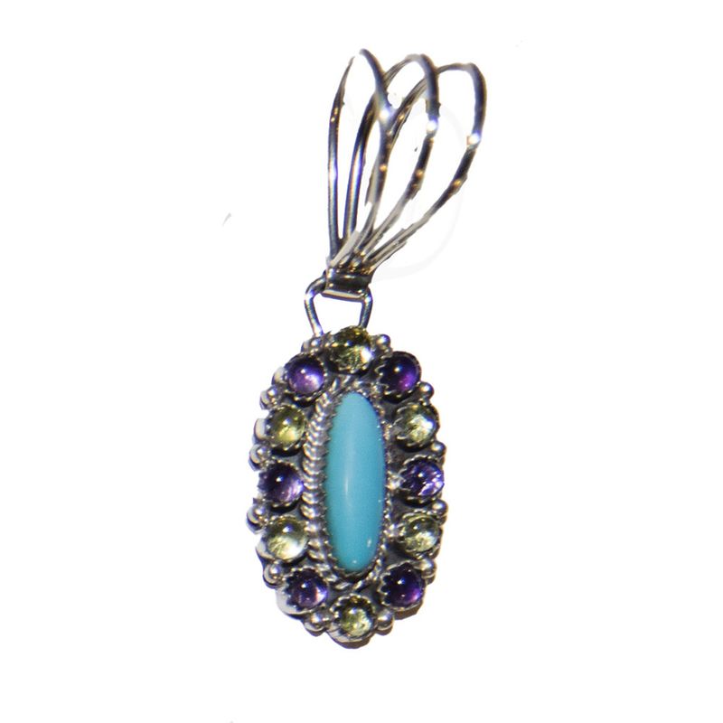 SILVER OVAL TURQUOISE W/AMETHYST &amp; PERIDOT PENDANT-NAVAJO-RB