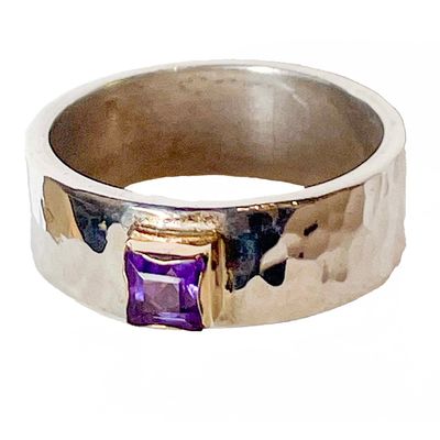 SILVER/14KT HAMMERED AMETHYST RING