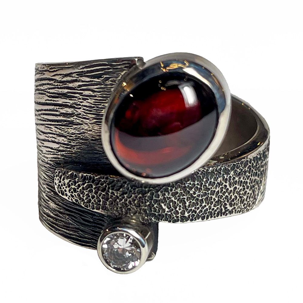 SILVER OXIDIZED GARNET &amp; CZ WRAP RING