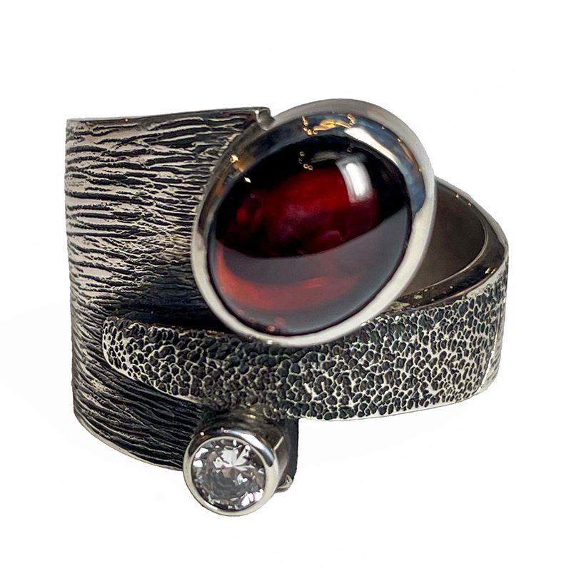 SILVER OXIDIZED GARNET &amp; CZ WRAP RING