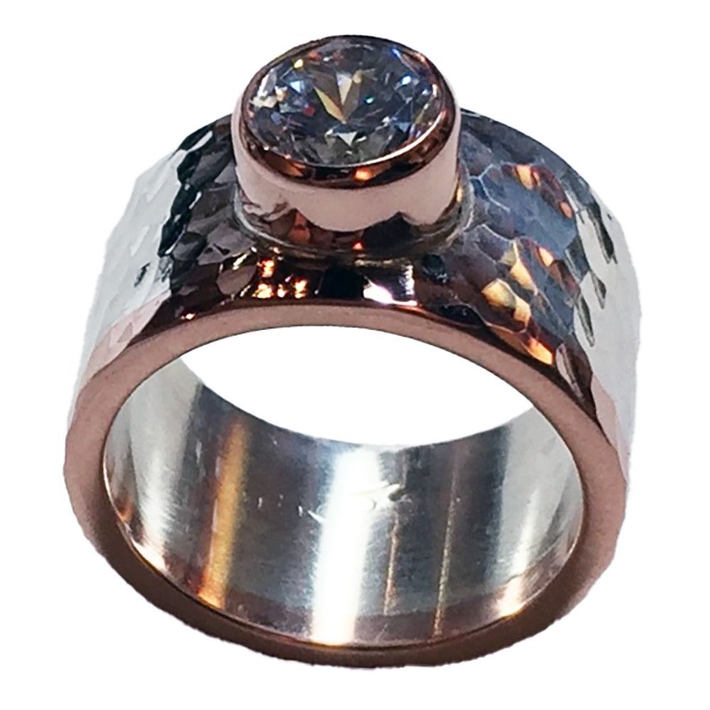 SILVER/14K HAMMERED CZ RING