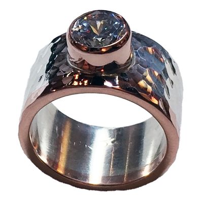 SILVER/14K HAMMERED CZ RING