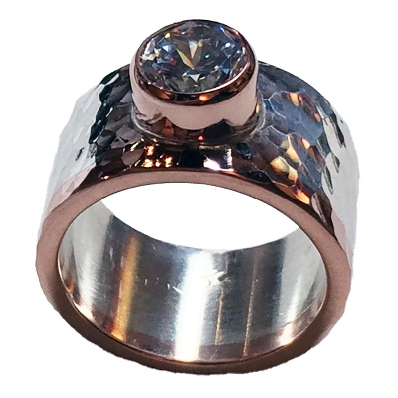 SILVER/14K HAMMERED CZ RING