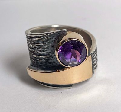 SS/14KT YG RING W/8MM AMETHYST