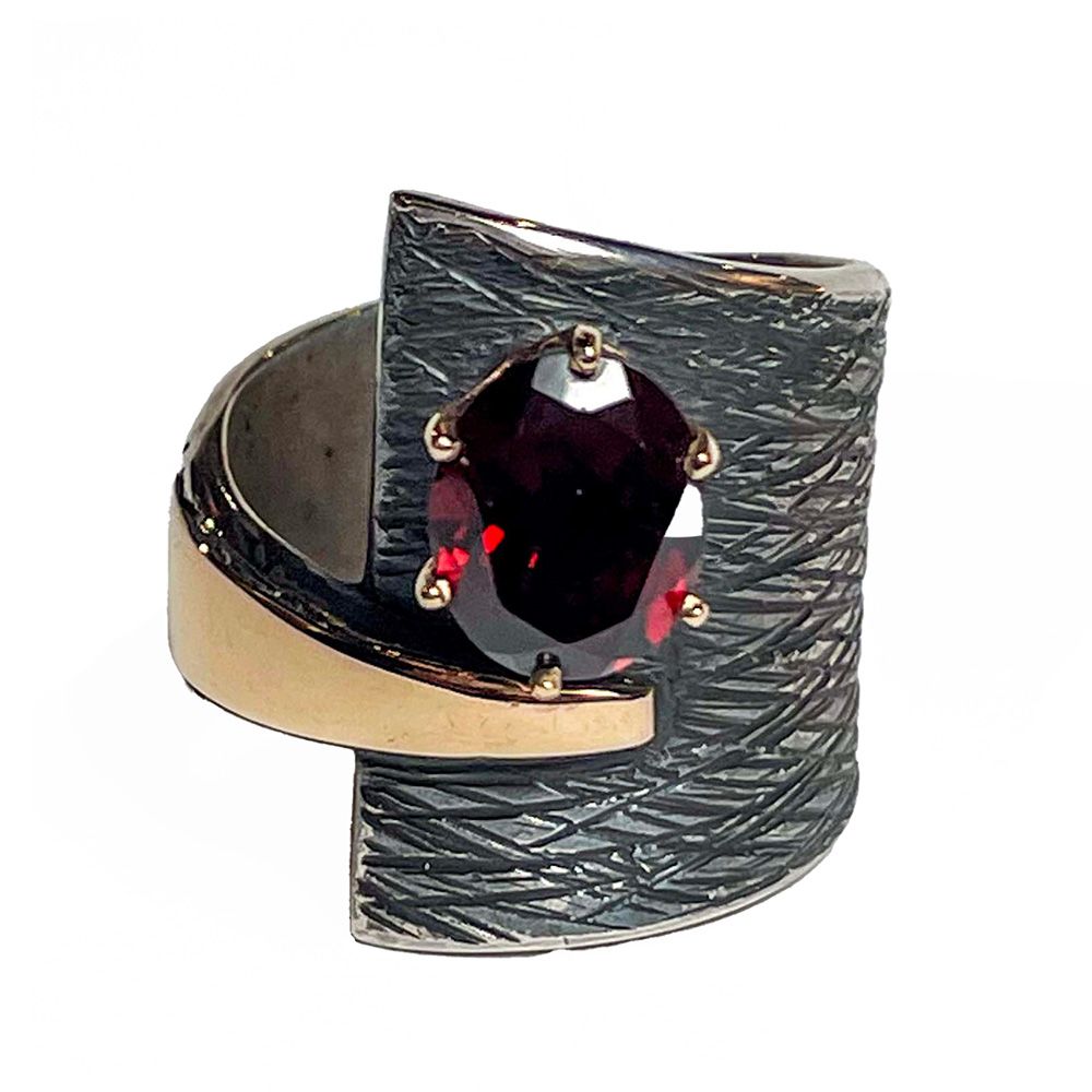 SILVER/14KT OXIDIZED GARNET WRAP RING