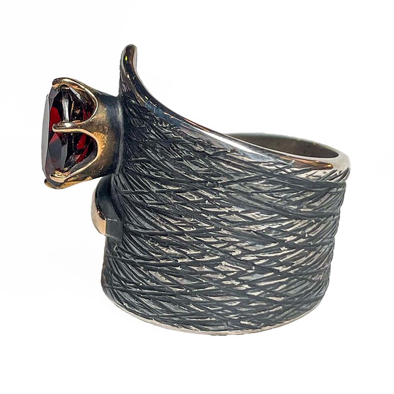 SILVER/14KT OXIDIZED GARNET WRAP RING