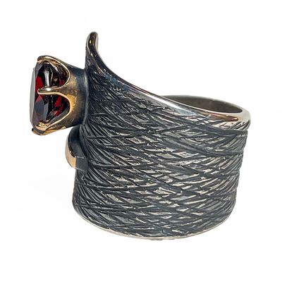 SILVER/14KT OXIDIZED GARNET WRAP RING