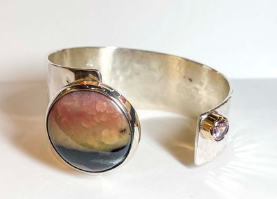 SS/14KT HMRD ASYM CUFF BRACELET W/JASPER &amp; PNK CZ