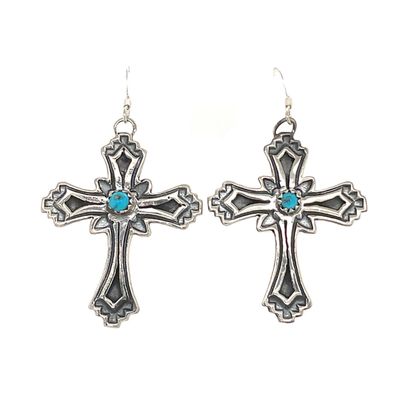SILVER TURQUOISE CROSS EARRINGS NAVAJO-LOUISE JOE