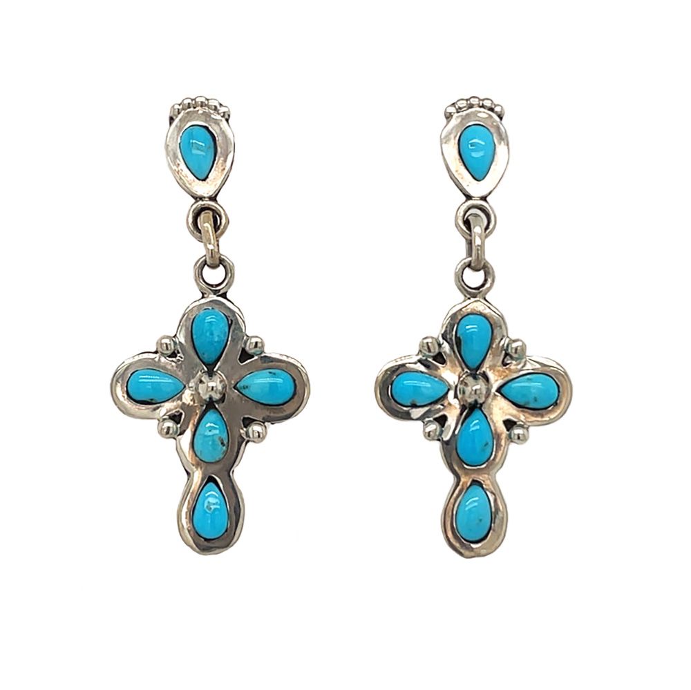 SILVER CROSS TURQUOISE EARRINGS NAVAJO - WENDELL JAKE