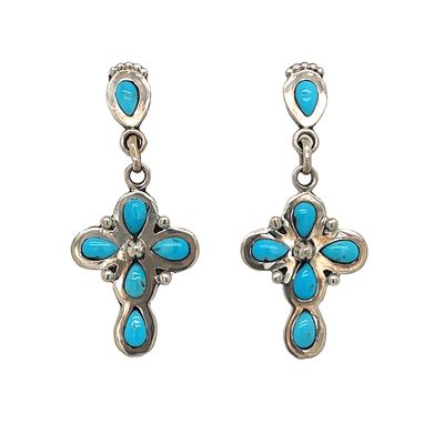 SILVER CROSS TURQUOISE EARRINGS NAVAJO - WENDELL JAKE