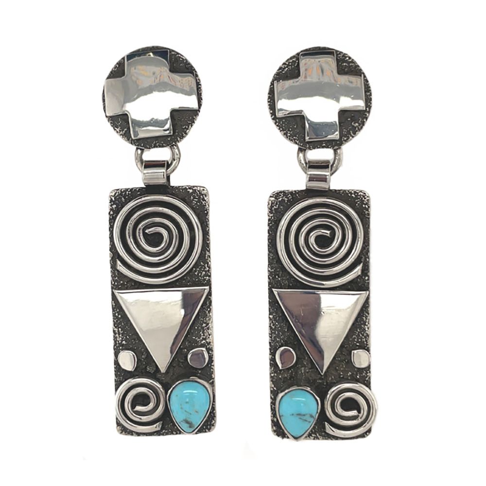 SILVER OVERLAY SYMBOLS W/TURQUOISE EARRINGS NAVAJO -ALEX SANCHEZ