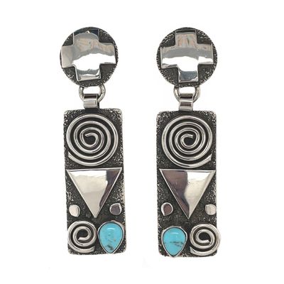 SILVER OVERLAY SYMBOLS W/TURQUOISE EARRINGS NAVAJO -ALEX SANCHEZ