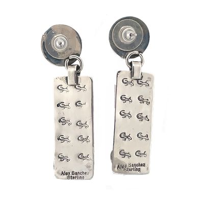 SILVER OVERLAY SYMBOLS W/TURQUOISE EARRINGS NAVAJO -ALEX SANCHEZ
