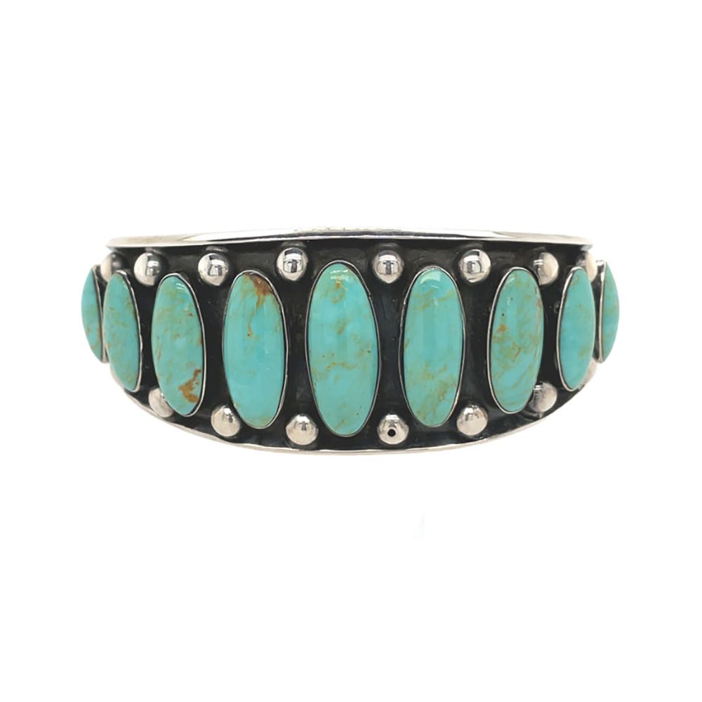 SILVER OXIDIZED OVAL GRADUATED TURQUOISE CUFF BRACELET-NAVAJO-PAUL LARGO