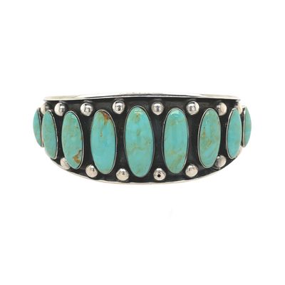 SILVER OXIDIZED OVAL GRADUATED TURQUOISE CUFF BRACELET-NAVAJO-PAUL LARGO