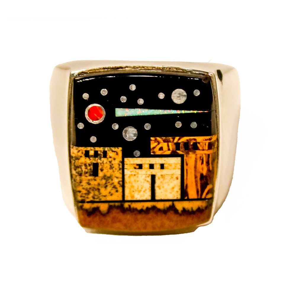 SILVER INLAY PUEBLO RING NAVAJO - CLAYTON TOM - SIZE 13