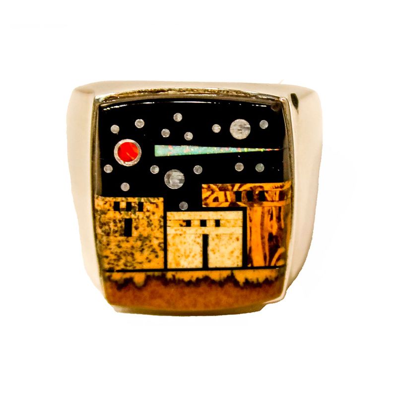 SILVER INLAY PUEBLO RING NAVAJO - CLAYTON TOM - SIZE 13